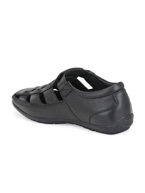 UNDERROUTE Men's Black Leather Velcro Sandal