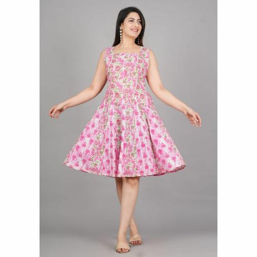 PE FASHION Women's Sleeveless Flared Dress with Pink Floral Print Stylish Fit and Flare Design for Casual and Summer Wear | Pink | Size-XL