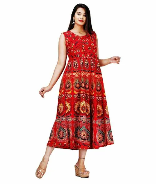 Rangun Women Maxi Cotton Red Color Printed Dress