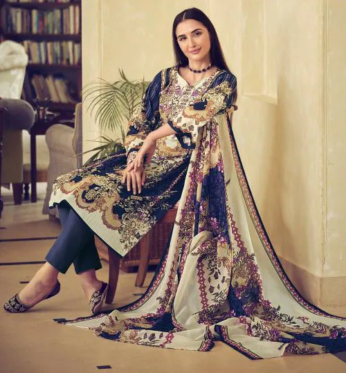 THE JAZZBAAT Unstitched Digital Print Embroidered Cotton Salwar Suit Dress Materials with Dupatta Unstitched Dress Material For Women (Grey) (CBelNair9_7)