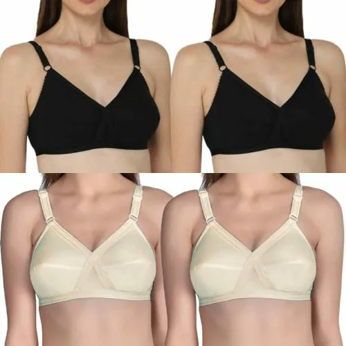 FASHION BONES Premium Cotton Non Padded Full Coverage Bra for Women and Teenage Girls for Daily Use | Ladies Non-Padded Multicolor Women Bras Combo (Pack Of - 4) (2 Beige + 2 Black) (36B)