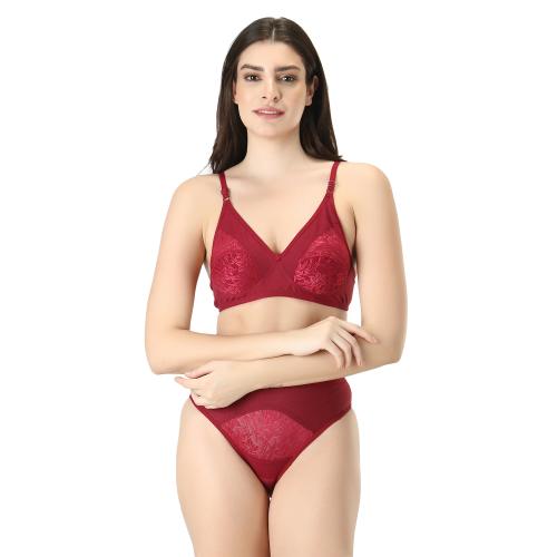 KGN FASHION Bra & Panty Set Self Design Maroon Lingerie Set