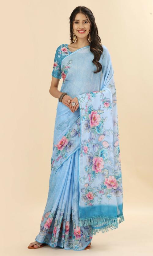 Rekha Maniyar Women's Digital Printed Hand Gold Foil Satin Chiffon Blue Saree With Unstitched Blouse Piece