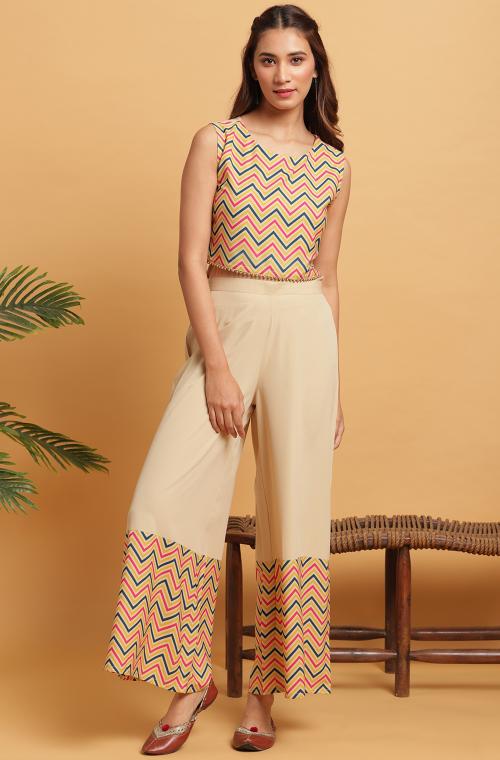 Janasya Women's Cream Poly Crepe Crop Top Crop Top with Palazzo And Jacket