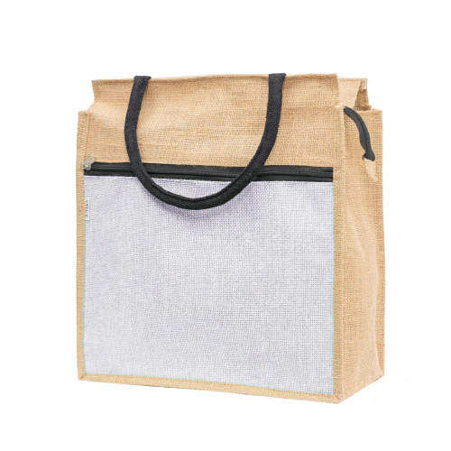 JUTEKA White Color Zip Pocket jute bag for Lunch, Office, Grocery, Picnic, Tiffin, Shopping with padded cotton handles