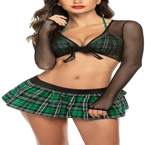 C4D Women's Cotton Halter-Neck Honeymoon Babydoll Lingerie Set Sexy Nightwear Dress (Green_X-Large)