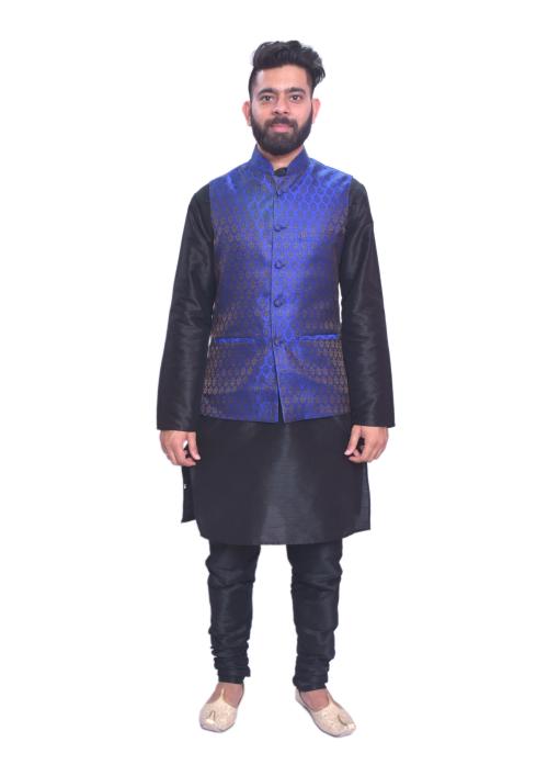 Mag Men's Black Matching Kurta Churidar With Solid Royal Blue Waistcoat
