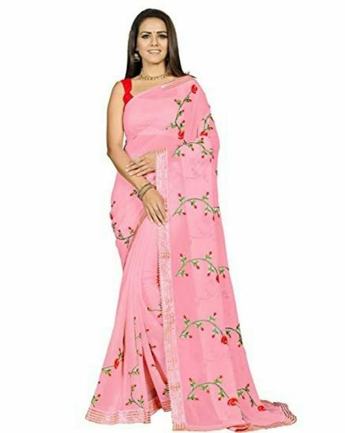 Dularee Fab Women Dark Pink Indian Classic Floral Embroidery Chiffon Saree