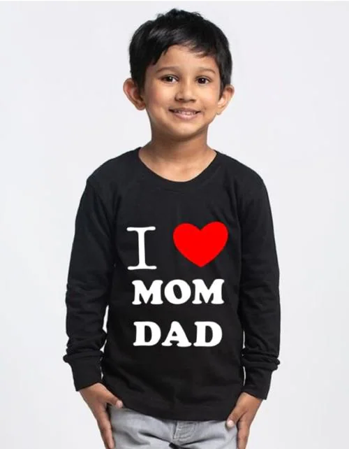 LITTLE DUGGIES Printed I Love Mom Dad T-Shirt for boy Full Sleeve Round Neck Black Cotton Kids T-Shirts for Boys and Girls