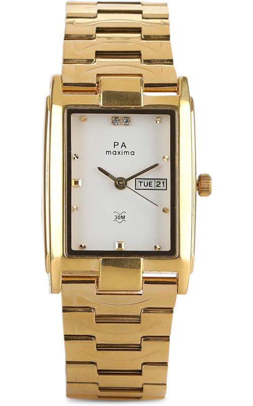 Maxima Analog White Dial Gold Strap Watch For Men (15362CMGY)