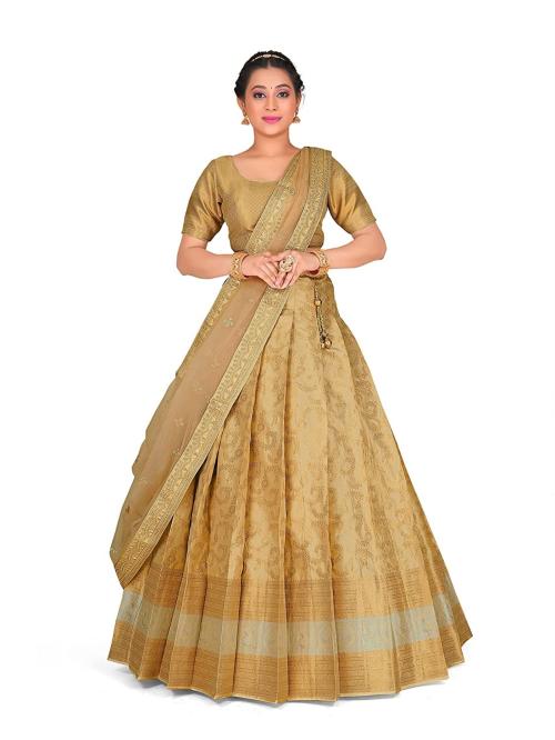 HALFSAREE STUDIO Women Cream and Silver Zari Banarasi Silk and Net Lehenga with Unstitched Blouse and Dupatta