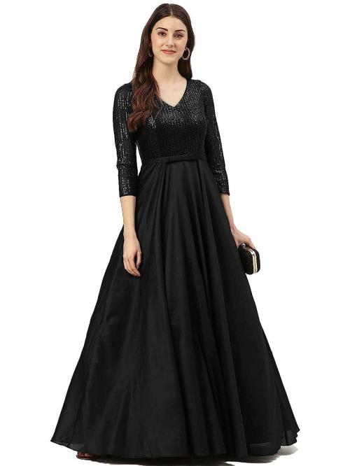 TRENDY DIVVA Women Black Embellished Taffeta Gown Dress
