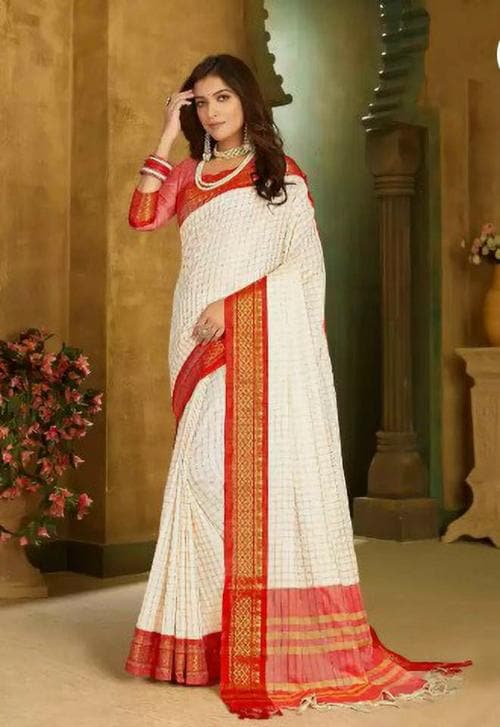 Lyuson Women Red, White Printed, Embellished, Checkered Jacquard, Pure Silk Banarasi Saree