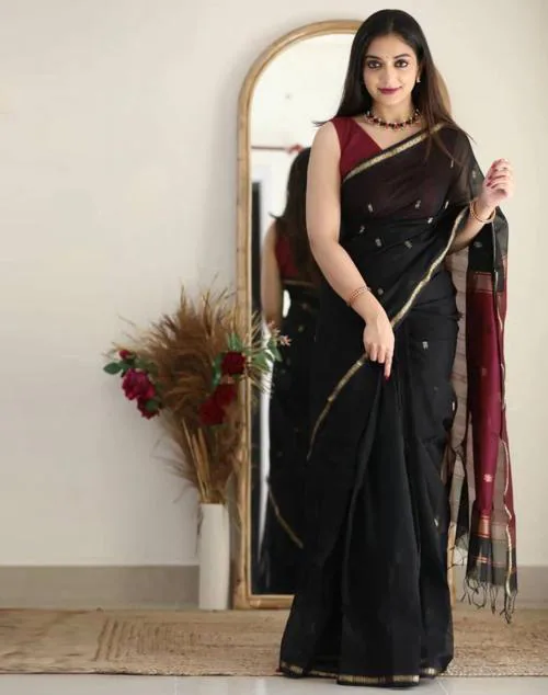 Buy Siril Cotton Silk Black Color Saree with Blouse piece Online at ...