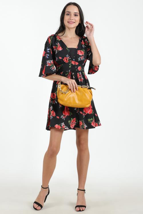 Pretty Loving Thing Women Crepe Floral Print A-Line Short Dress Black