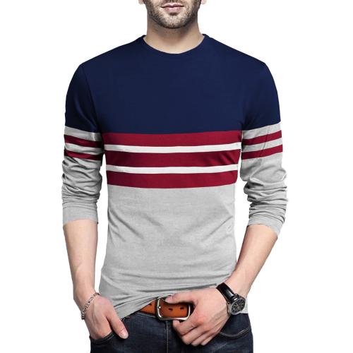 B'LIVE Striped Men Round Neck Dark Blue, Grey T-Shirt| T-Shirt For Men| Mens Tshirt| Printed Mens Tshirt | T-Shirt