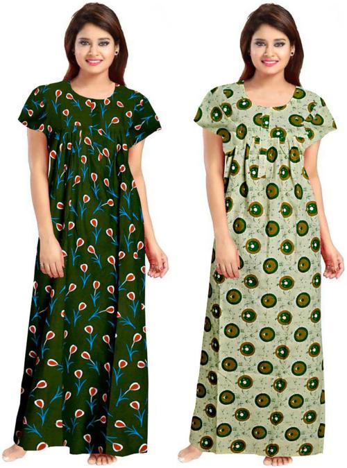 Averill Women's Light Green, Green Floral Cotton (Pack of 2) Nighty