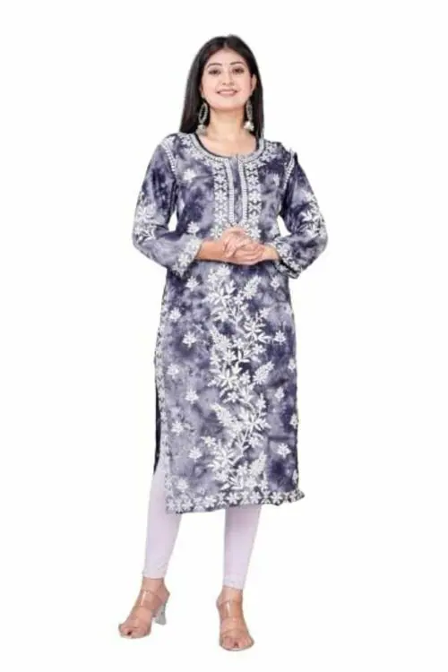 UB WOLF Women's Bandhani Print Designer Tie Dye Embroidery Cotton Straight BLUE Kurta/Kurti/Suit Regular Fit with Pack of 1