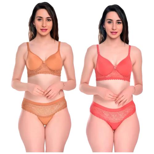 N-KUWARI Women's Cotton Lace Net Honeymoon Lingerie Set | Bra & Panty Set-Brown & Pink -(Pack of 2) (36B)