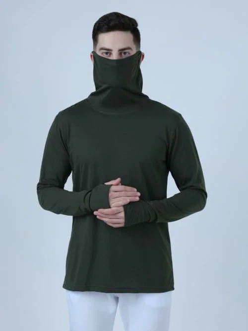 PAUSE Olive Solid Turtle Neck Slim Fit Full Sleeve Men's Mask T-Shirt