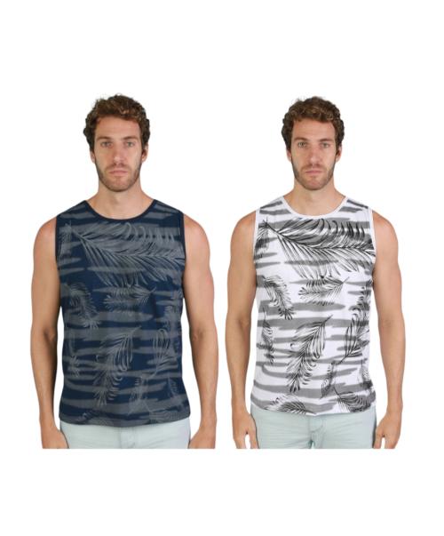 METRO STITCH leaf print mens tank Vest navy blue&white_M