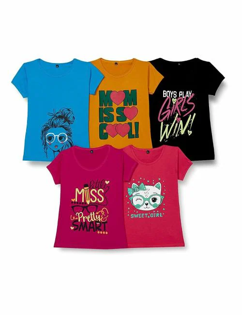 T2F Girls Cotton Printed Tshirt (Pack of 5)