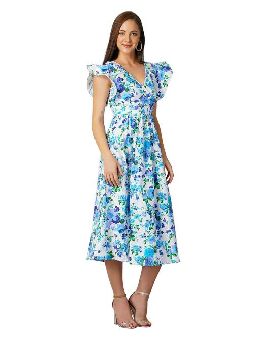 Rhysley Women White Floral Cotton Midi Dress - L