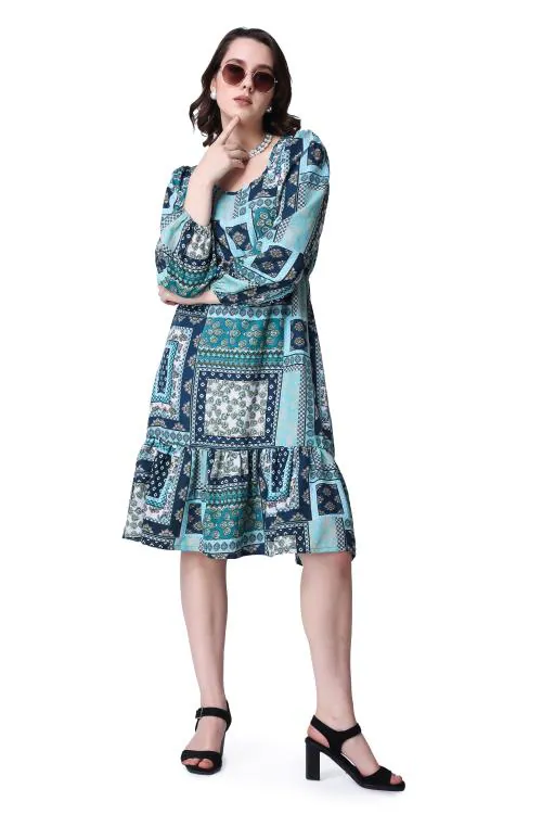 Popwings Women Casual Boho Printed Green Peplum Dress | Round Neck Dress For Women | Kee Length Dress For Women | Full Sleeves Dress For Women