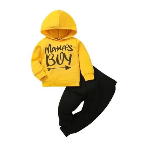 Hauppers nothing but the best Mamas boy print hoodie pullover set top-yellow,bottom-black-16