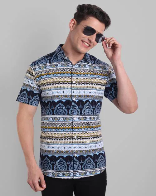 Majestic Man Men Printed Half Sleeves Sky Blue Pure Cotton Shirt