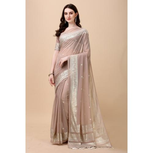 Grubstaker Coffee Brown And Silver Tonned Pure Silk Saree