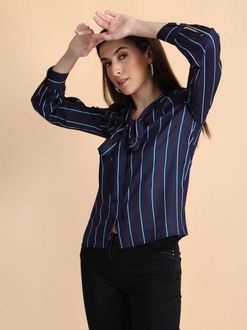 ROSWINE Blue Striped Shirt With Tie For Women | Party Wear Shirt For Girls | Stylish Shirt For Women and Girls | Trendy Design Shirt with tie For Girls-XL