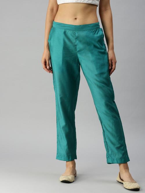 De Moza Women Blue Solid Viscose Rayon Regular Fit Trousers (L)