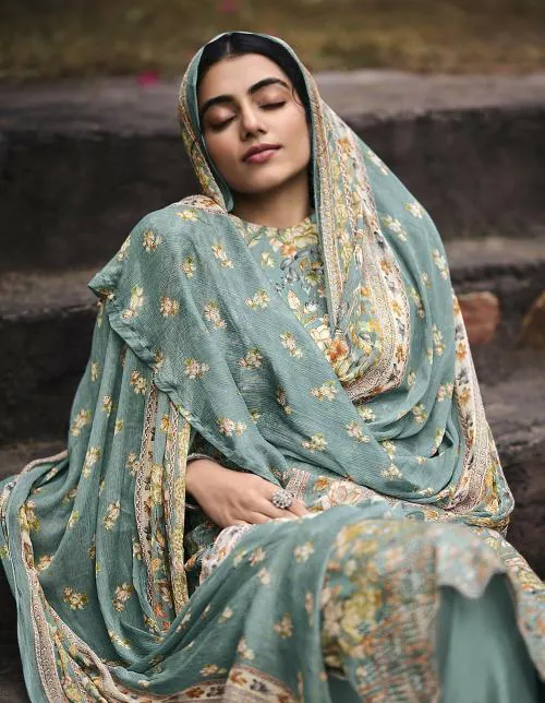 THE JAZZBAAT Unstitched Digital Flower Printed Pure Cotton Embroidered Salwar Suit Fabric with Pure Bember Dupatta Unstitched Dress Material For Women (Blue)