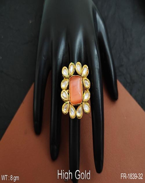 OYE KUDIYE Fashion Style Party wear Beautiful High Gold Polish Designer Kundan Stones Kundan Jewellery Kundan Finger Ring Peach