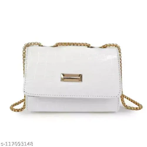 QNS Synthetic White Leather Stylish Fancy Fashionable Hobo Day Trip Gold Chain Strap Crossbody Shoulder Slingbag For Women