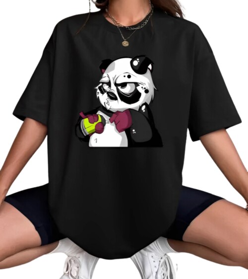 Calm Down Round Neck Printed Oversized Panda T-shirt For Women- 3/4-WOMEN-BLACK-PANDA-L