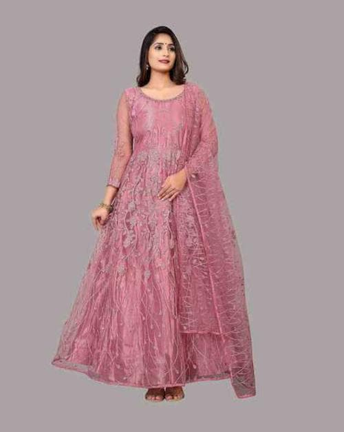 WARTHY ENT Women Pink Net Embellished Gown Dress ( Free Size )