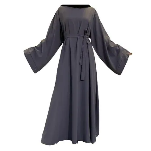 Barakath Dubai Long Muslim Women Islamic Dresses Plain Simple Abaya With Belt Style_Grey_L