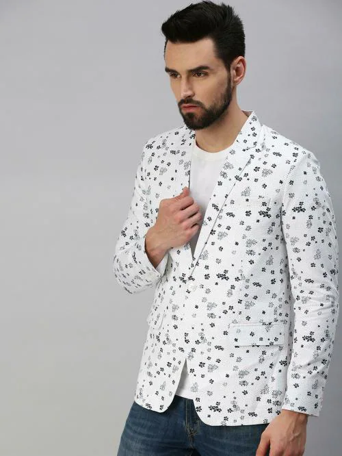 SHOW OFF Men's White Printed Cotton Blend Blazer