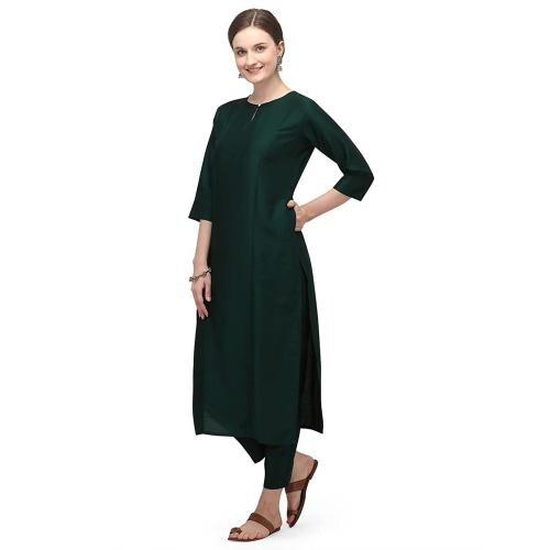 RGHT Women Dark Green Chinon Straight Kurti Set with Palazzo Pant