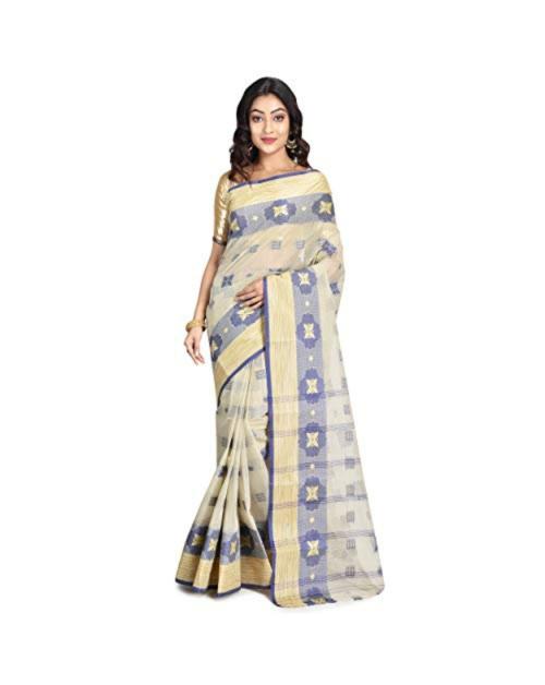 Raj Sarees Women's Cotton Bengali Handloom Tant Saree (Ash)