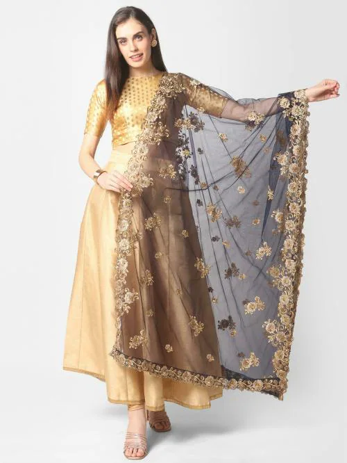 Dupatta Bazaar Women Dark Blue Embroidered Net Dupatta