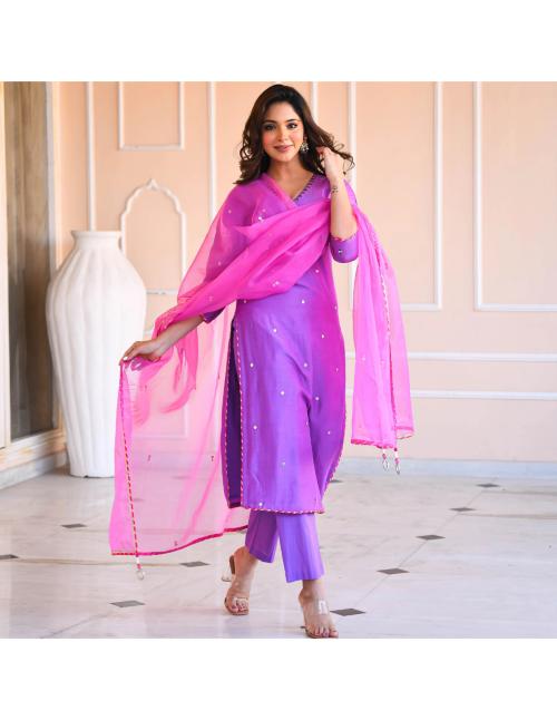 Anni Designer Women's Cotton Blend Purple Mirror Work Straight Kurta with Pant & Dupatta