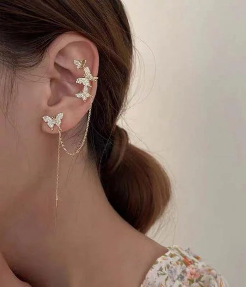Vembley Korean Studded Butterfly Chain Ear Cuff Earrings