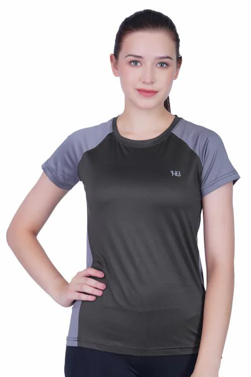 HAWKES BURRY Women's Premium Lycra Design Self Solid Round Neck Half Sleeve T-Shirt -Olive
