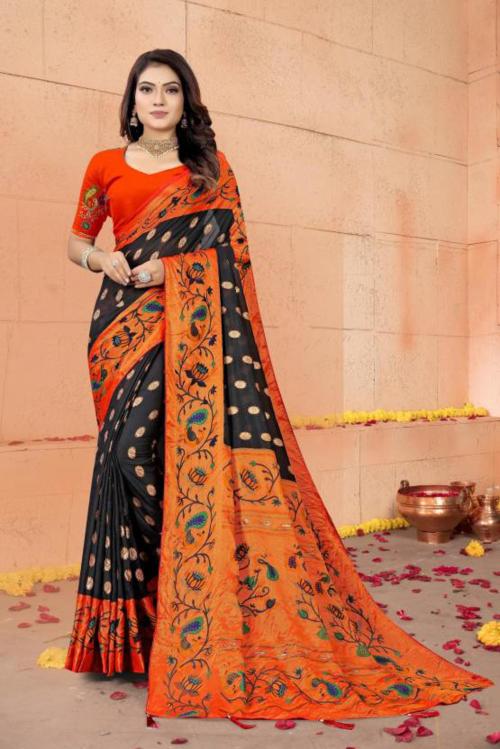 Silklane Women Black Printed Brasso Paithani Saree