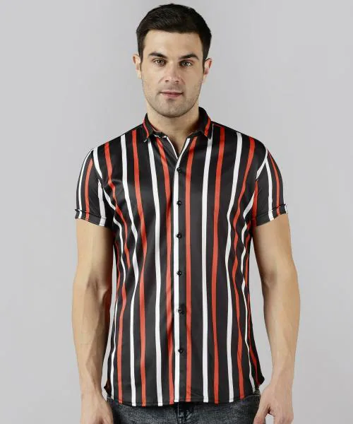 COMBRAIDED...The Heart of Fashion Men Black and Red Striped Lycra Blend Shirt (Small)