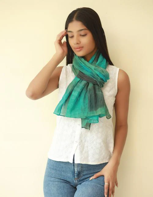 Ayesha Shades of Green Ombre Patches Silk-Cotton Blend Crinkle Effect Scarf