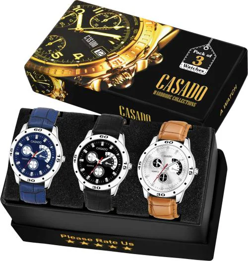 Casado Analog Silver Black Blue Dial Black Strap Watch For Men (Triple-205-206-207) (Pack Of 3)